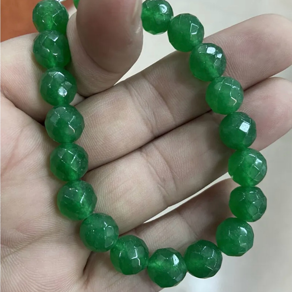 Unisex Certified 10mm Natural Green Jade Round Beads Facet Stretch Bracelet 7.5